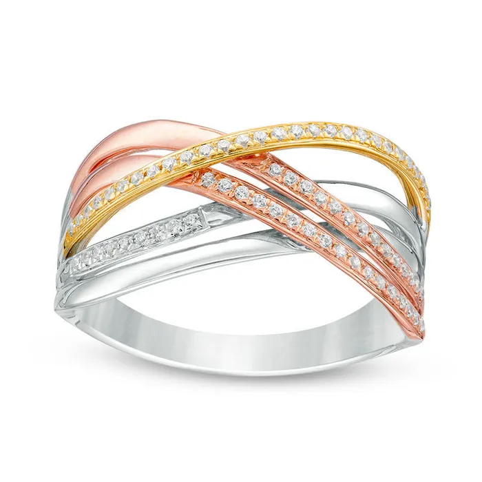 020 CT TW Natural Diamond Open Crossover Ring in Solid 10K TriTone Gold Goldia Rings