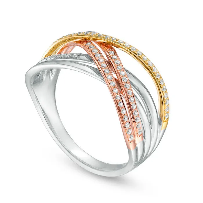 020 CT TW Natural Diamond Open Crossover Ring in Solid 10K TriTone Gold Goldia Rings 020 CT TW Natural Diamond Open Crossover Ring in Solid 10K TriTone Gold Goldia Rings