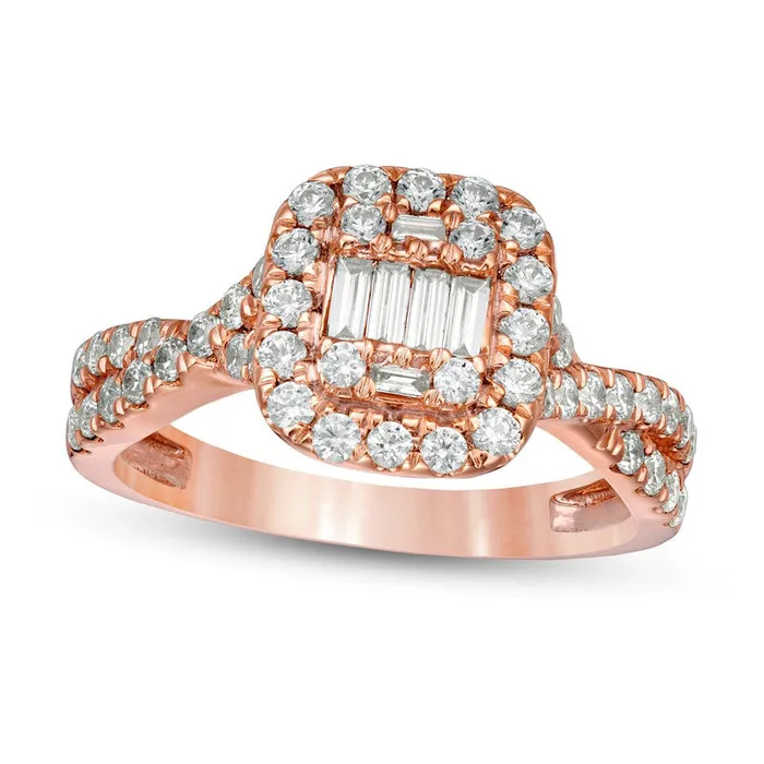 088 CT TW Composite Natural Diamond Cushion Frame Twist Shank Engagement Ring in Solid 10K Rose Gold Goldia Rings