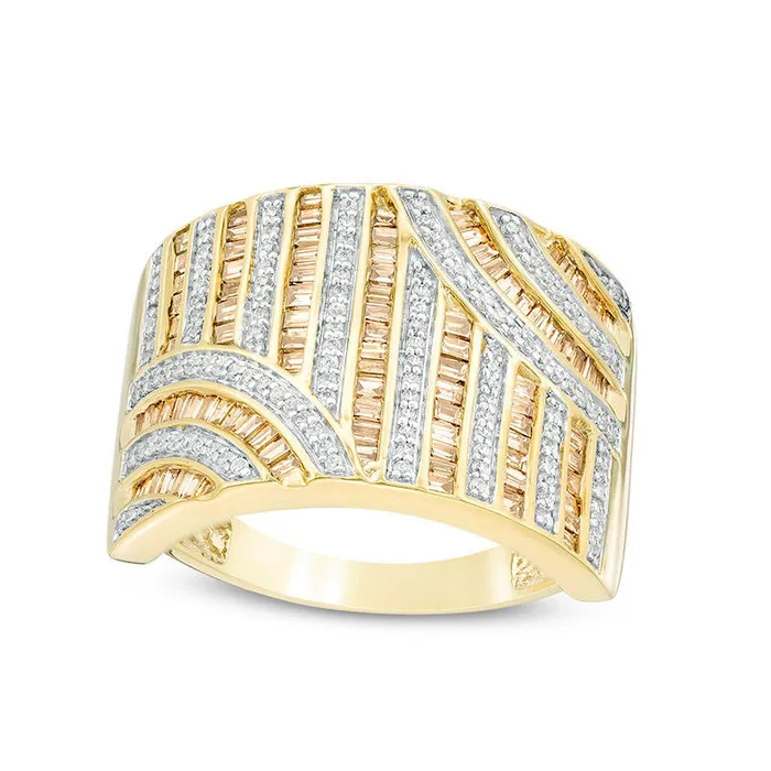 10 CT TW Champagne and White Natural Diamond Art Deco MultiRow Ring in Solid 10K Yellow Gold Goldia Rings