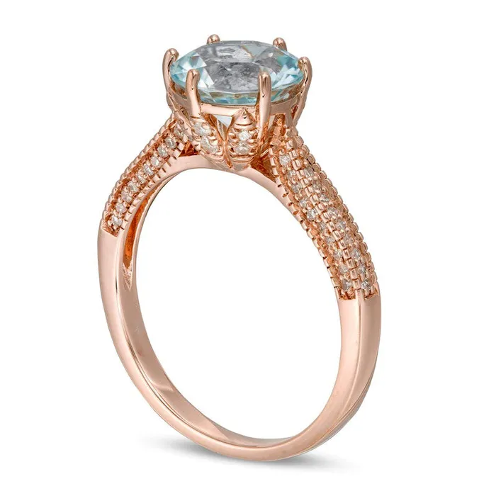 80mm Aquamarine and 020 CT TW Natural Diamond Antique VintageStyle Ring in Solid 14K Rose Gold Size 7 Goldia Rings 80mm Aquamarine and 020 CT TW Natural Diamond Antique VintageStyle Ring in Solid 14K Rose Gold Size 7 Goldia Rings