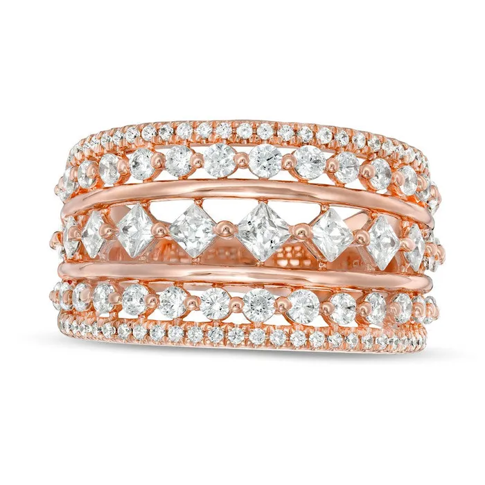 Goldia 15 CT TW Natural Diamond MultiRow Art Deco Ring in Solid 10K Rose Gold Rings