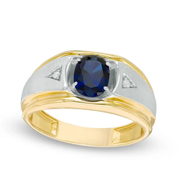 Goldia Mens Oval LabCreated Blue Sapphire and Diamond Accent Triangle Sides Brushed Ring in Solid 10K TwoTone Gold Rings