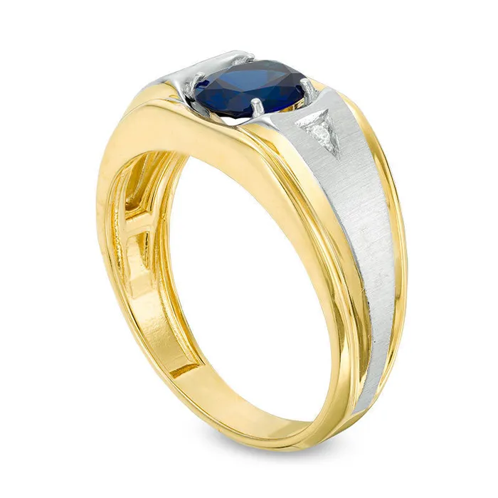 Goldia Mens Oval LabCreated Blue Sapphire and Diamond Accent Triangle Sides Brushed Ring in Solid 10K TwoTone Gold Rings Goldia Mens Oval LabCreated Blue Sapphire and Diamond Accent Triangle Sides Brushed Ring in Solid 10K TwoTone Gold Rings