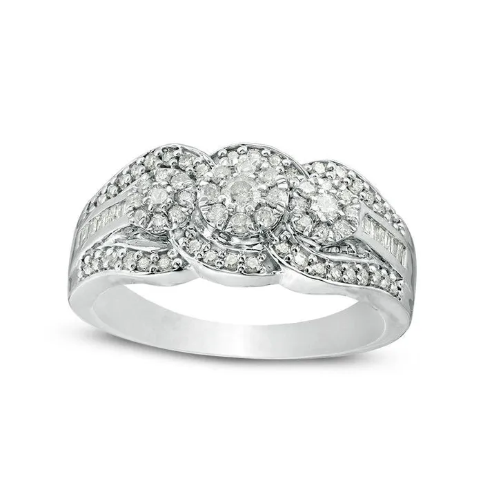 Goldia Rings 050 CT TW Composite Natural Diamond Three Stone Frame Bypass Engagement Ring in Sterling Silver