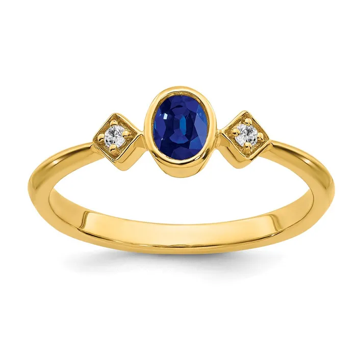 Goldia Solid 14k Yellow Gold Oval Bezel Simulated Sapphire and CZ Ring Rings