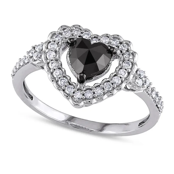 Rings Goldia 10 CT TW Enhanced Black HeartShaped and White Natural Diamond Scallop Frame Engagement Ring in Solid 10K White Gold