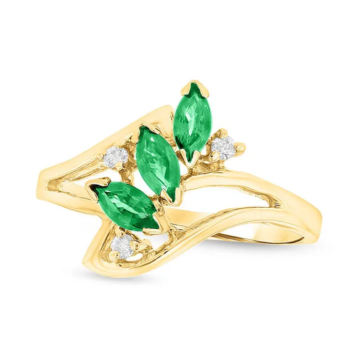 Rings Goldia Marquise Emerald and Natural Diamond Accent Three Stone Bypass Ring in Solid 14K Gold