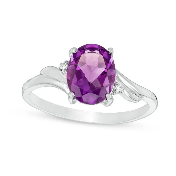 Rings Goldia Oval Amethyst and Natural Diamond Accent Bypass Swirl Shank Ring in Solid 10K White Gold