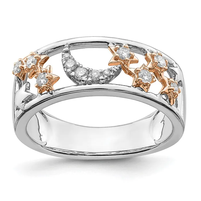 Rings Goldia Solid 14k Twotone Moon and Stars Simulated CZ Band