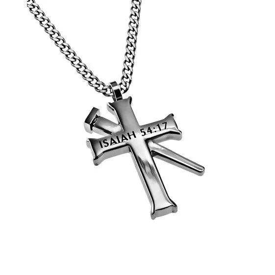 North Arrow Shop ISAIAH 5417 Cross and Nail Necklace with Bible Verse Stainless Steel Curb Chain Necklaces
