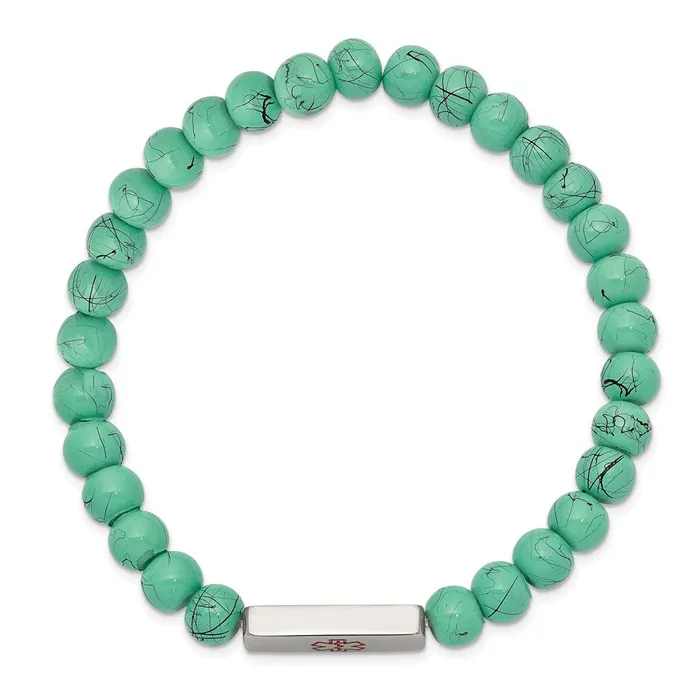 TreasureFineJewelers Bracelets Chisel Stainless Steel Polished with Red Enamel Medical ID 65mm Turquoise Glass Beaded Stretch Bracelet