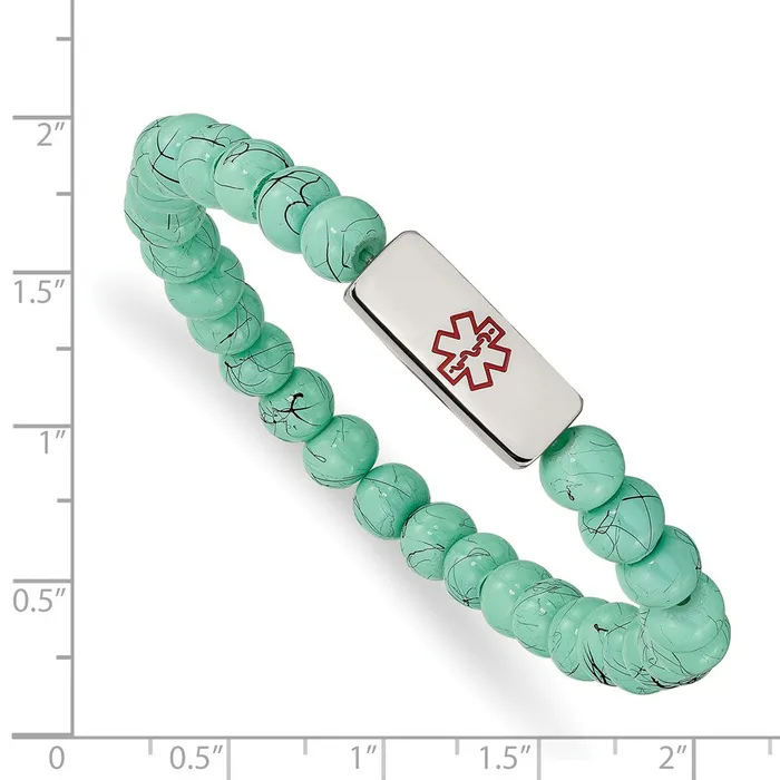TreasureFineJewelers Bracelets Chisel Stainless Steel Polished with Red Enamel Medical ID 65mm Turquoise Glass Beaded Stretch Bracelet