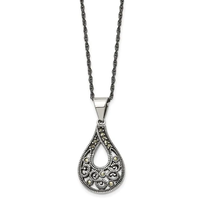 TreasureFineJewelers Stainless Steel Antiqued Polished Textured Marcasite Teardrop Necklace Necklaces