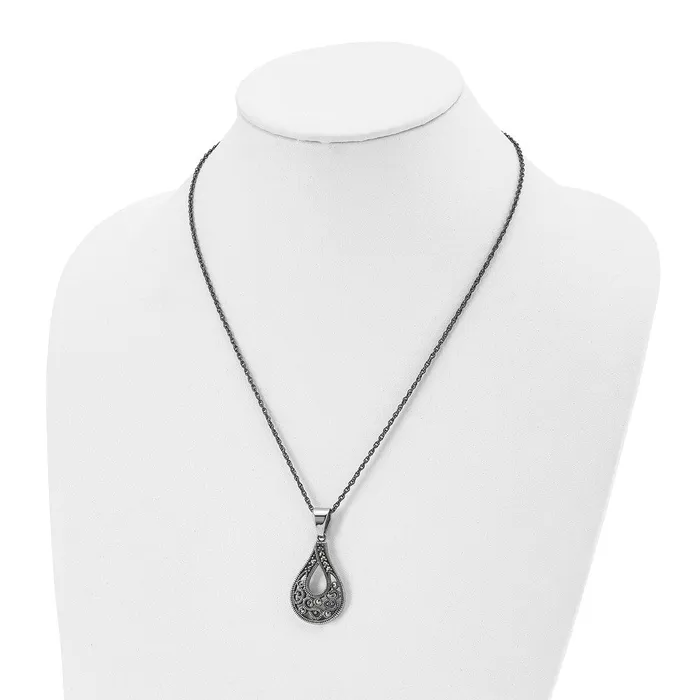 TreasureFineJewelers Stainless Steel Antiqued Polished Textured Marcasite Teardrop Necklace Necklaces