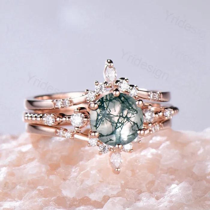 PENFINE Rings 1 carat round moss agate engagement ring set 10k14k18k rose gold vintage wedding ring set double Enhancer moissanite diamond stacking band