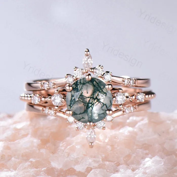 PENFINE Rings 1 carat round moss agate engagement ring set 10k14k18k rose gold vintage wedding ring set double Enhancer moissanite diamond stacking band
