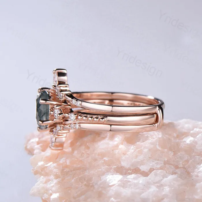 PENFINE Rings 1 carat round moss agate engagement ring set 10k14k18k rose gold vintage wedding ring set double Enhancer moissanite diamond stacking band