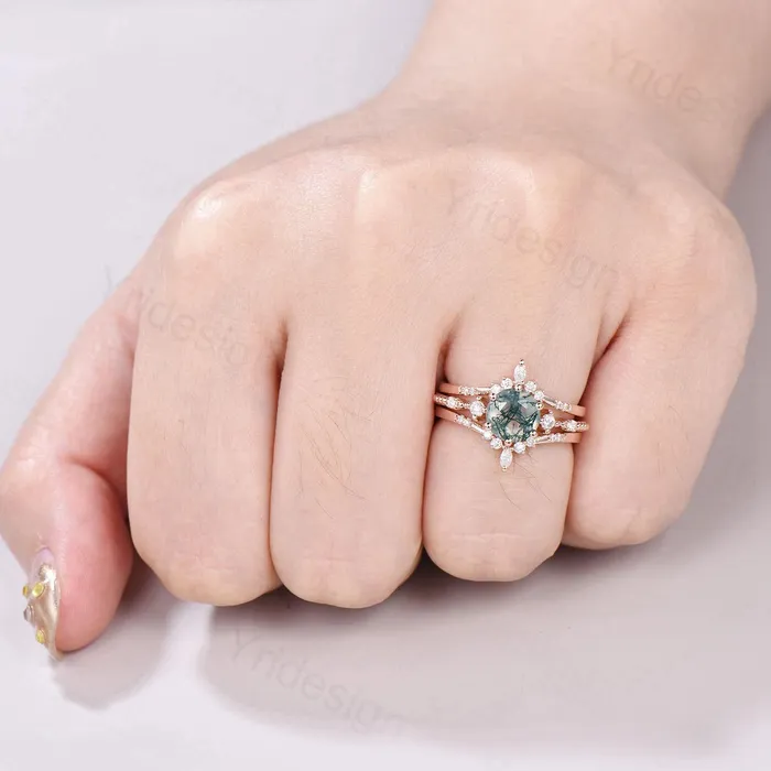 PENFINE Rings 1 carat round moss agate engagement ring set 10k14k18k rose gold vintage wedding ring set double Enhancer moissanite diamond stacking band