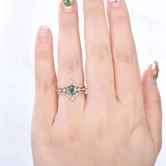 PENFINE Rings 1 carat round moss agate engagement ring set 10k14k18k rose gold vintage wedding ring set double Enhancer moissanite diamond stacking band