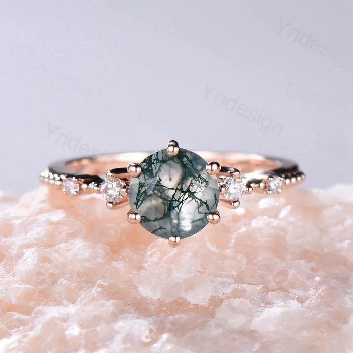 PENFINE Rings 1 carat round moss agate engagement ring set 10k14k18k rose gold vintage wedding ring set double Enhancer moissanite diamond stacking band