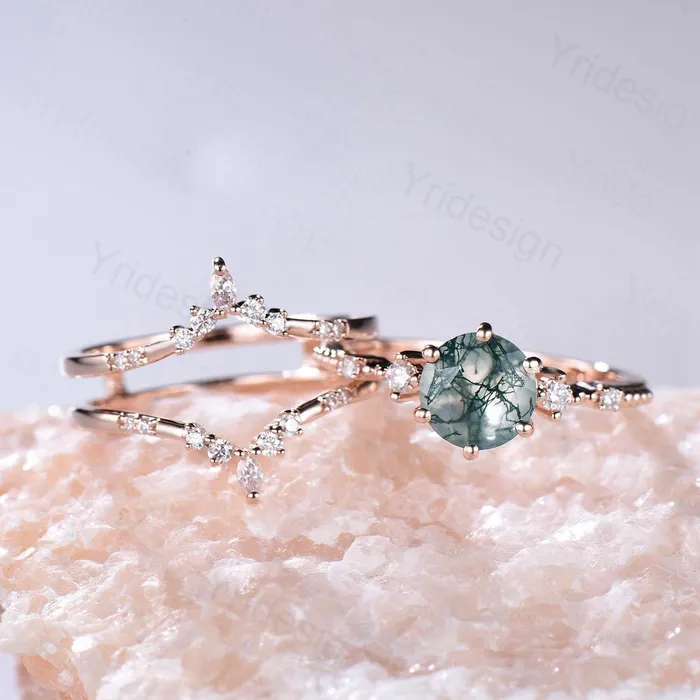 PENFINE Rings 1 carat round moss agate engagement ring set 10k14k18k rose gold vintage wedding ring set double Enhancer moissanite diamond stacking band