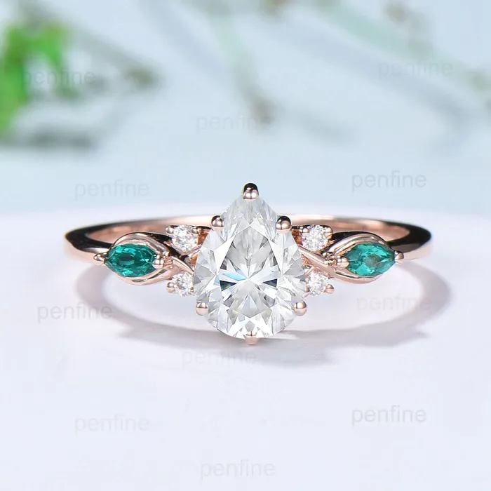 PENFINE Rings Elegant Pear Shaped Moissanite Engagement Ring Set Gold Vintage Baguette Emerald Moissanite Wedding Set Norse Viking Band Bridal Set Women PENFINE Rings Elegant Pear Shaped Moissanite Engagement Ring Set Gold Vintage Baguette Emerald Moissanite Wedding Set Norse Viking Band Bridal Set Women