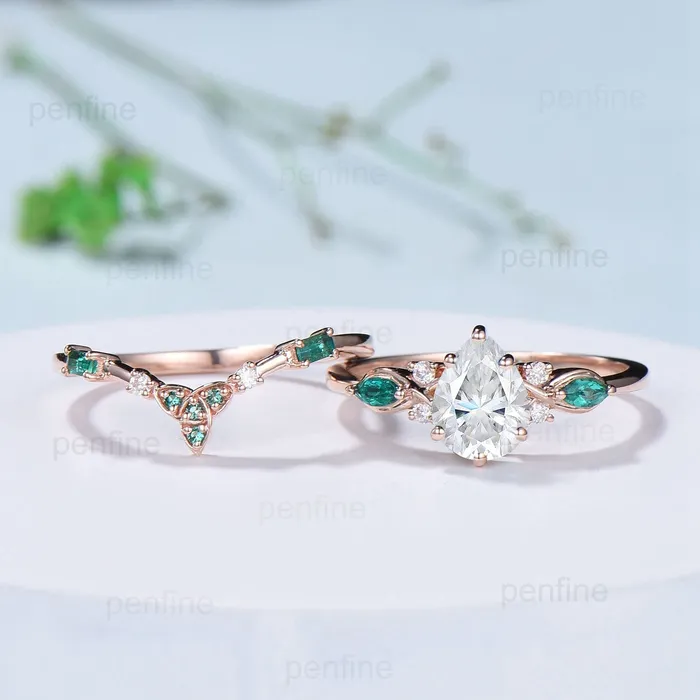 PENFINE Rings Elegant Pear Shaped Moissanite Engagement Ring Set Gold Vintage Baguette Emerald Moissanite Wedding Set Norse Viking Band Bridal Set Women PENFINE Rings Elegant Pear Shaped Moissanite Engagement Ring Set Gold Vintage Baguette Emerald Moissanite Wedding Set Norse Viking Band Bridal Set Women