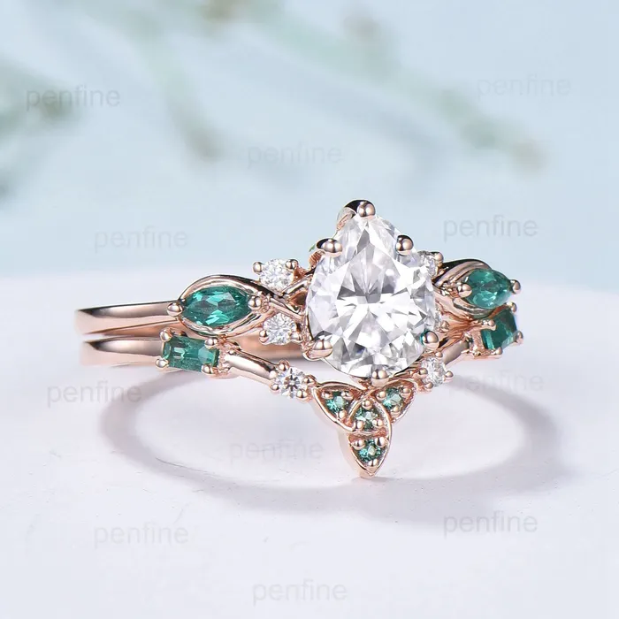 PENFINE Rings Elegant Pear Shaped Moissanite Engagement Ring Set Gold Vintage Baguette Emerald Moissanite Wedding Set Norse Viking Band Bridal Set Women PENFINE Rings Elegant Pear Shaped Moissanite Engagement Ring Set Gold Vintage Baguette Emerald Moissanite Wedding Set Norse Viking Band Bridal Set Women
