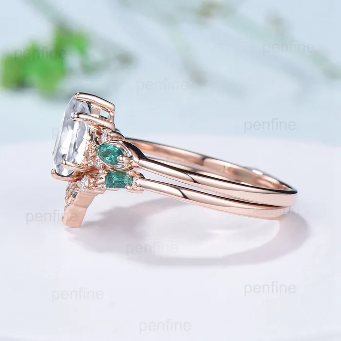 PENFINE Rings Elegant Pear Shaped Moissanite Engagement Ring Set Gold Vintage Baguette Emerald Moissanite Wedding Set Norse Viking Band Bridal Set Women PENFINE Rings Elegant Pear Shaped Moissanite Engagement Ring Set Gold Vintage Baguette Emerald Moissanite Wedding Set Norse Viking Band Bridal Set Women