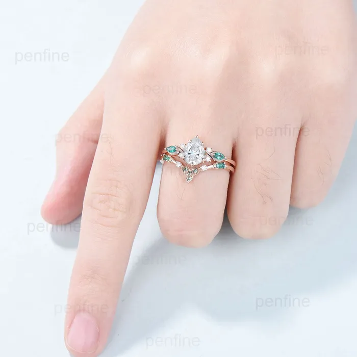 PENFINE Rings Elegant Pear Shaped Moissanite Engagement Ring Set Gold Vintage Baguette Emerald Moissanite Wedding Set Norse Viking Band Bridal Set Women PENFINE Rings Elegant Pear Shaped Moissanite Engagement Ring Set Gold Vintage Baguette Emerald Moissanite Wedding Set Norse Viking Band Bridal Set Women