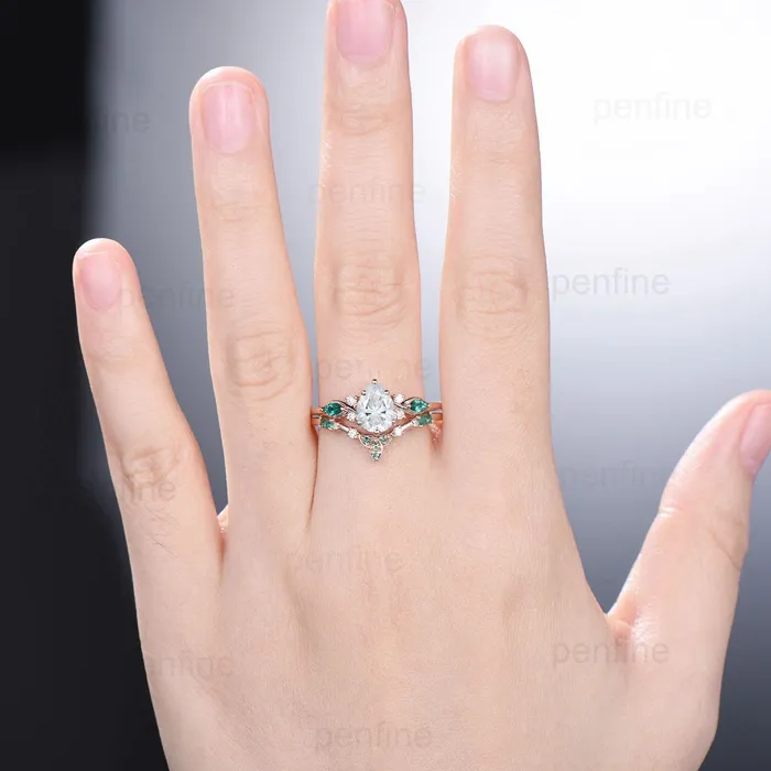 PENFINE Rings Elegant Pear Shaped Moissanite Engagement Ring Set Gold Vintage Baguette Emerald Moissanite Wedding Set Norse Viking Band Bridal Set Women PENFINE Rings Elegant Pear Shaped Moissanite Engagement Ring Set Gold Vintage Baguette Emerald Moissanite Wedding Set Norse Viking Band Bridal Set Women