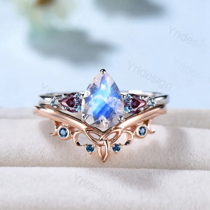 PENFINE Rings Pear Shaped Natural Blue Moonstone Engagement Ring Set Vintage ColorChange Pear Alexandrite Wedding Set June Birthstone Topaz Stacking Band