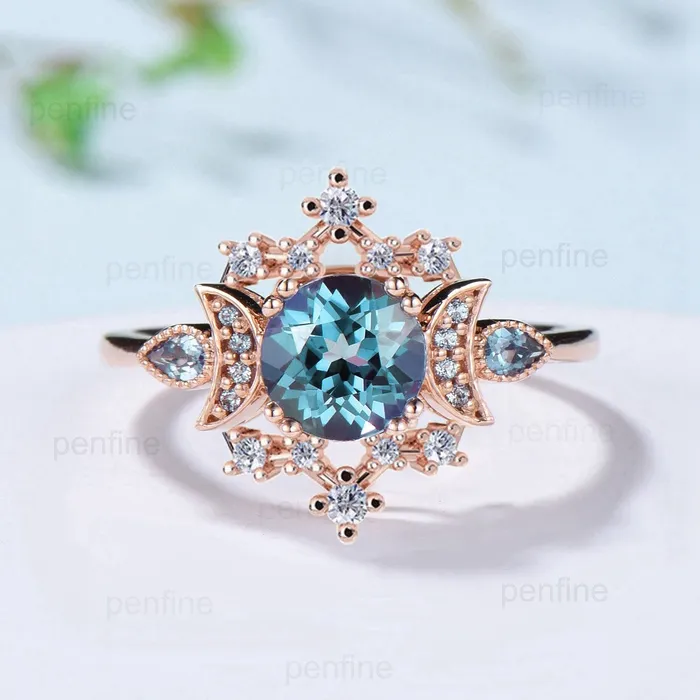PENFINE Rings Unique Alexandrite Engagement Ring Fancy Crescent Moon Color Change Wedding Ring Women Galaxy Star Art Deco Anniversary Ring Gift for Women