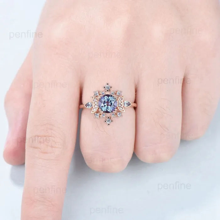 PENFINE Rings Unique Alexandrite Engagement Ring Fancy Crescent Moon Color Change Wedding Ring Women Galaxy Star Art Deco Anniversary Ring Gift for Women PENFINE Rings Unique Alexandrite Engagement Ring Fancy Crescent Moon Color Change Wedding Ring Women Galaxy Star Art Deco Anniversary Ring Gift for Women