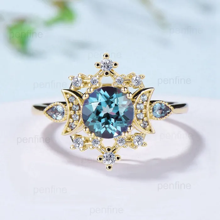 PENFINE Rings Unique Alexandrite Engagement Ring Fancy Crescent Moon Color Change Wedding Ring Women Galaxy Star Art Deco Anniversary Ring Gift for Women PENFINE Rings Unique Alexandrite Engagement Ring Fancy Crescent Moon Color Change Wedding Ring Women Galaxy Star Art Deco Anniversary Ring Gift for Women