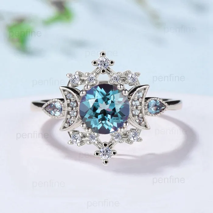 PENFINE Rings Unique Alexandrite Engagement Ring Fancy Crescent Moon Color Change Wedding Ring Women Galaxy Star Art Deco Anniversary Ring Gift for Women PENFINE Rings Unique Alexandrite Engagement Ring Fancy Crescent Moon Color Change Wedding Ring Women Galaxy Star Art Deco Anniversary Ring Gift for Women