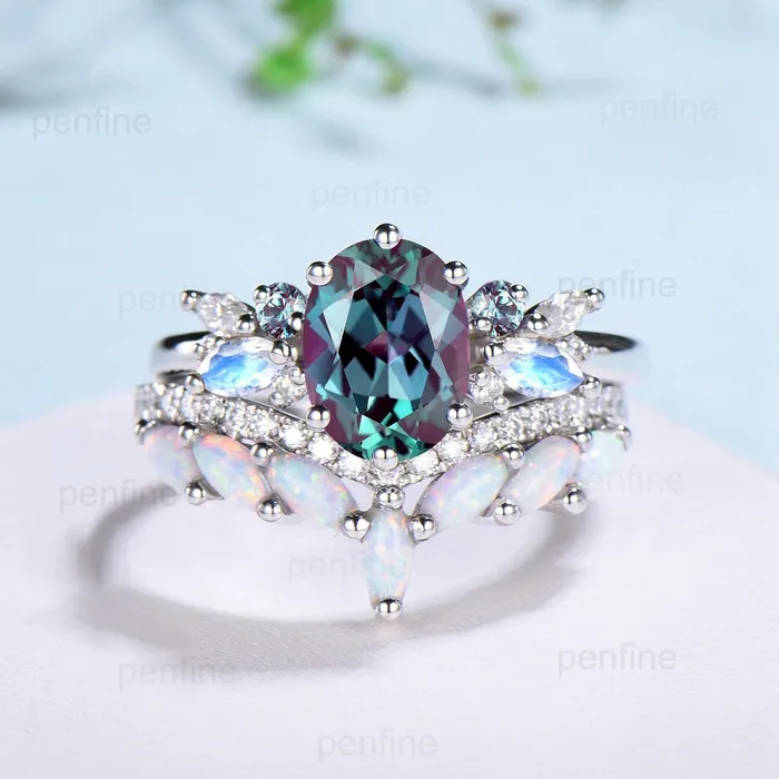 PENFINE Rings Unique Alexandrite Engagement Ring Set Cluster Marquise Moonstone Wedding Ring Vintage Curved Moissanite White Opal Bridal Ring Set For Her