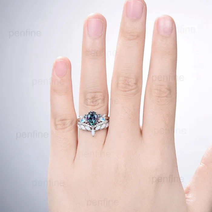PENFINE Rings Unique Alexandrite Engagement Ring Set Cluster Marquise Moonstone Wedding Ring Vintage Curved Moissanite White Opal Bridal Ring Set For Her PENFINE Rings Unique Alexandrite Engagement Ring Set Cluster Marquise Moonstone Wedding Ring Vintage Curved Moissanite White Opal Bridal Ring Set For Her