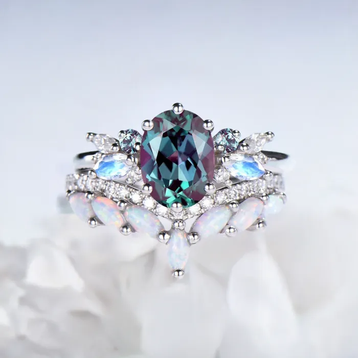 PENFINE Rings Unique Alexandrite Engagement Ring Set Cluster Marquise Moonstone Wedding Ring Vintage Curved Moissanite White Opal Bridal Ring Set For Her PENFINE Rings Unique Alexandrite Engagement Ring Set Cluster Marquise Moonstone Wedding Ring Vintage Curved Moissanite White Opal Bridal Ring Set For Her