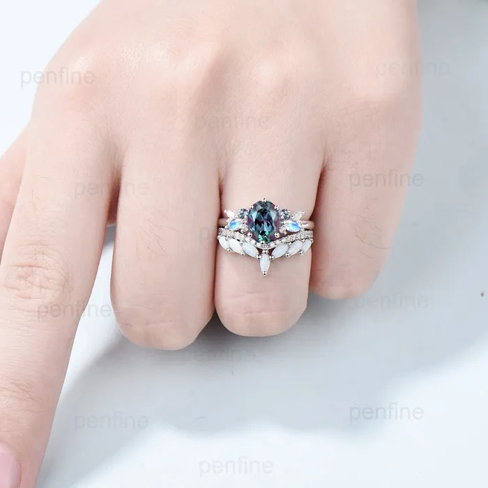 PENFINE Rings Unique Alexandrite Engagement Ring Set Cluster Marquise Moonstone Wedding Ring Vintage Curved Moissanite White Opal Bridal Ring Set For Her PENFINE Rings Unique Alexandrite Engagement Ring Set Cluster Marquise Moonstone Wedding Ring Vintage Curved Moissanite White Opal Bridal Ring Set For Her