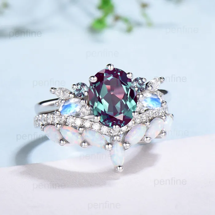 PENFINE Rings Unique Alexandrite Engagement Ring Set Cluster Marquise Moonstone Wedding Ring Vintage Curved Moissanite White Opal Bridal Ring Set For Her PENFINE Rings Unique Alexandrite Engagement Ring Set Cluster Marquise Moonstone Wedding Ring Vintage Curved Moissanite White Opal Bridal Ring Set For Her
