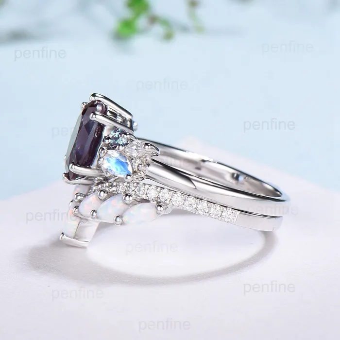 PENFINE Rings Unique Alexandrite Engagement Ring Set Cluster Marquise Moonstone Wedding Ring Vintage Curved Moissanite White Opal Bridal Ring Set For Her PENFINE Rings Unique Alexandrite Engagement Ring Set Cluster Marquise Moonstone Wedding Ring Vintage Curved Moissanite White Opal Bridal Ring Set For Her