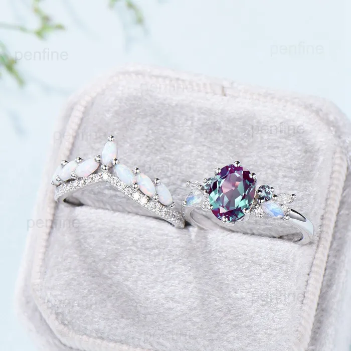 PENFINE Rings Unique Alexandrite Engagement Ring Set Cluster Marquise Moonstone Wedding Ring Vintage Curved Moissanite White Opal Bridal Ring Set For Her PENFINE Rings Unique Alexandrite Engagement Ring Set Cluster Marquise Moonstone Wedding Ring Vintage Curved Moissanite White Opal Bridal Ring Set For Her