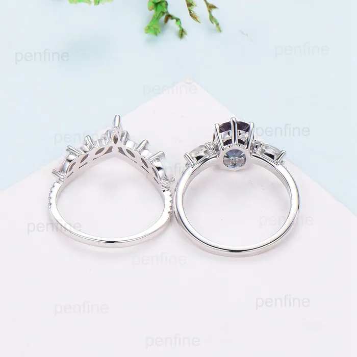 PENFINE Rings Unique Alexandrite Engagement Ring Set Cluster Marquise Moonstone Wedding Ring Vintage Curved Moissanite White Opal Bridal Ring Set For Her PENFINE Rings Unique Alexandrite Engagement Ring Set Cluster Marquise Moonstone Wedding Ring Vintage Curved Moissanite White Opal Bridal Ring Set For Her
