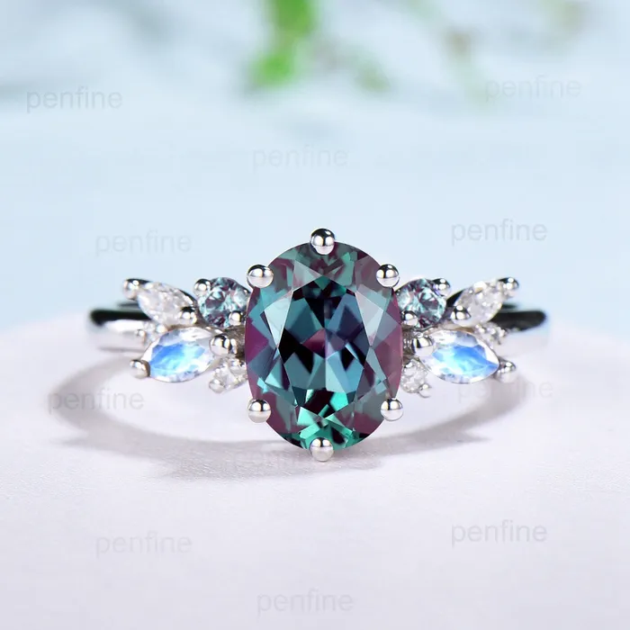 PENFINE Rings Unique Alexandrite Engagement Ring Set Cluster Marquise Moonstone Wedding Ring Vintage Curved Moissanite White Opal Bridal Ring Set For Her PENFINE Rings Unique Alexandrite Engagement Ring Set Cluster Marquise Moonstone Wedding Ring Vintage Curved Moissanite White Opal Bridal Ring Set For Her