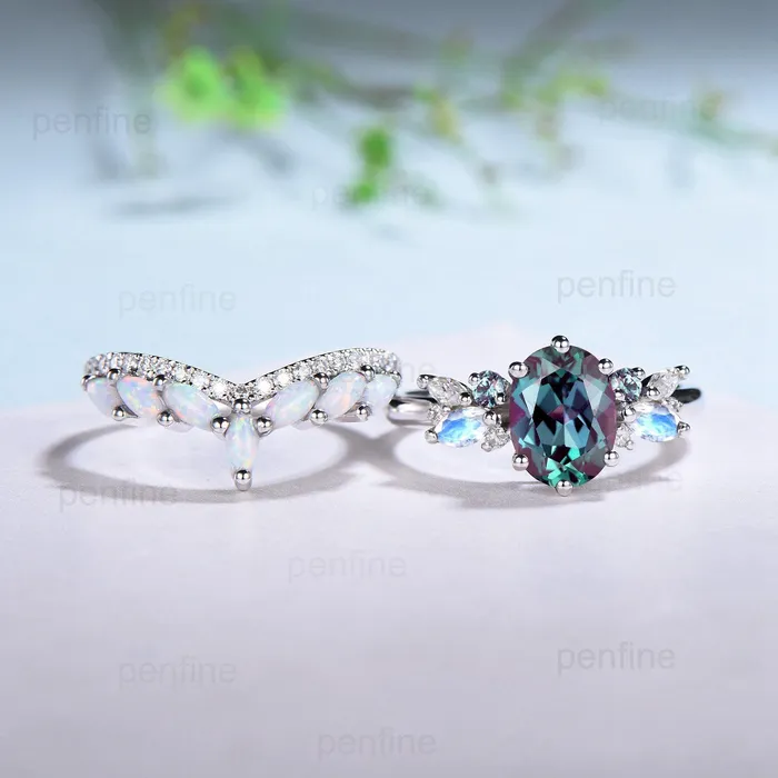 PENFINE Rings Unique Alexandrite Engagement Ring Set Cluster Marquise Moonstone Wedding Ring Vintage Curved Moissanite White Opal Bridal Ring Set For Her PENFINE Rings Unique Alexandrite Engagement Ring Set Cluster Marquise Moonstone Wedding Ring Vintage Curved Moissanite White Opal Bridal Ring Set For Her