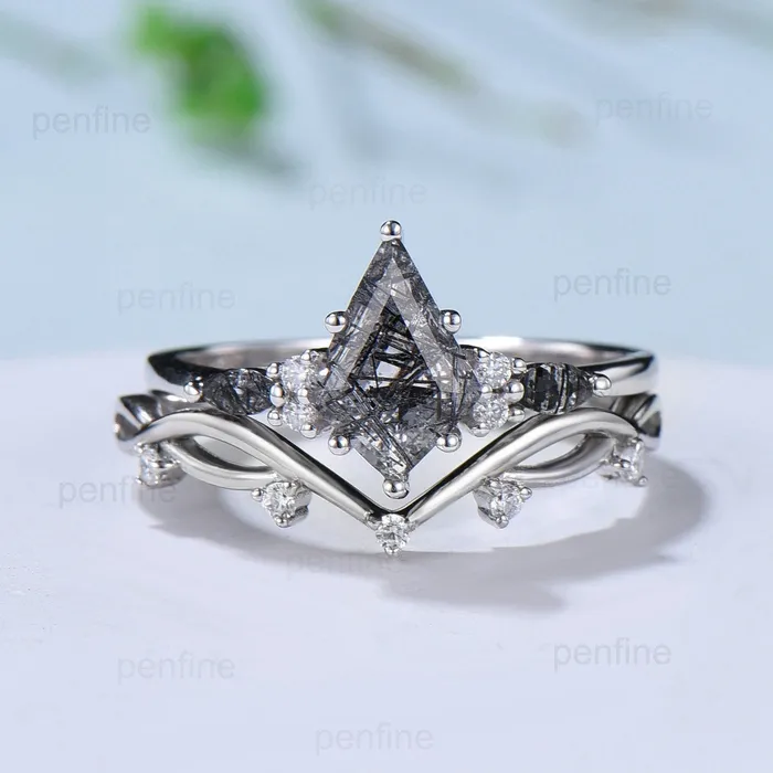 PENFINE Rings Vintage black rutilated quartz engagement ring kite cut white gold seven stone marquise cut wedding ring for women anniversary promise ring