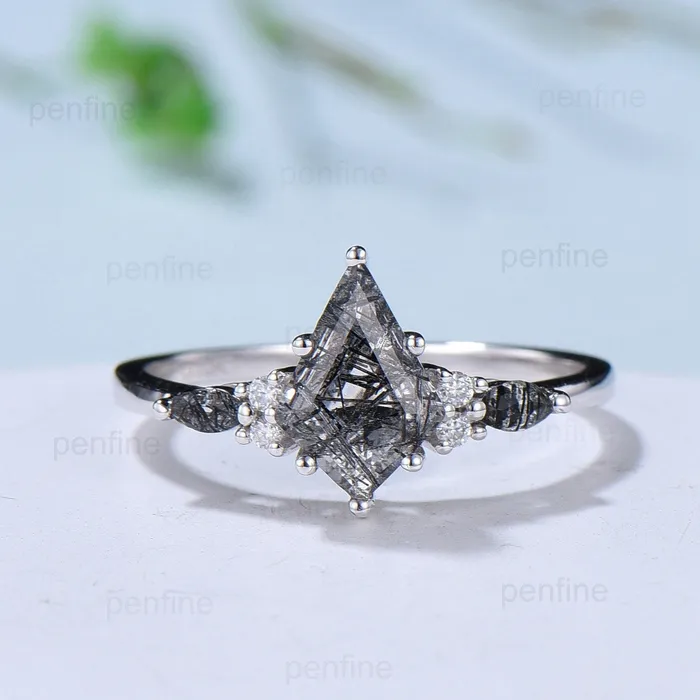 PENFINE Rings Vintage black rutilated quartz engagement ring kite cut white gold seven stone marquise cut wedding ring for women anniversary promise ring PENFINE Rings Vintage black rutilated quartz engagement ring kite cut white gold seven stone marquise cut wedding ring for women anniversary promise ring