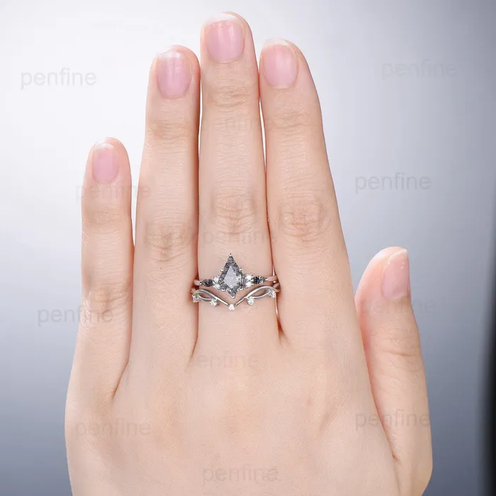 PENFINE Rings Vintage black rutilated quartz engagement ring kite cut white gold seven stone marquise cut wedding ring for women anniversary promise ring PENFINE Rings Vintage black rutilated quartz engagement ring kite cut white gold seven stone marquise cut wedding ring for women anniversary promise ring